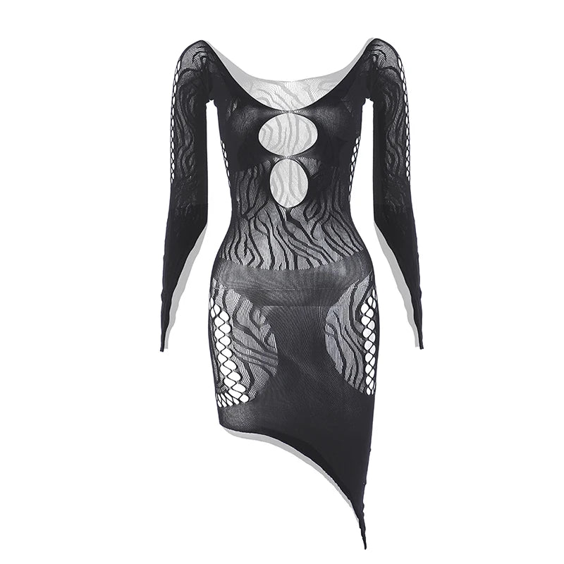1 Piece Beach Cover Up without Bikini Summer's Hottest Mesh Swimsuit Women Summer Pool Swimwear Long Sleeves Hollow Out Dress