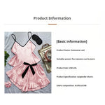 Women's Smooth Satin Pajamas V-Neck T-Shirt Ruffled Edges And Bow Shorts Simple And Breathable Pajama Set Sling Home Clothing