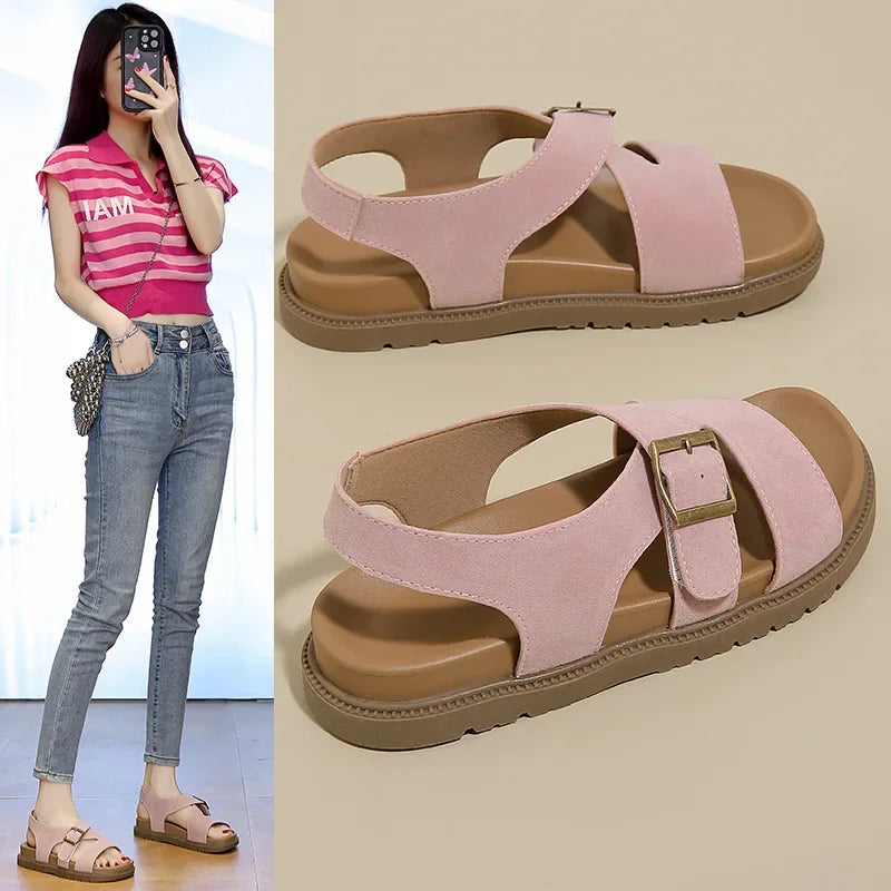 Women Sandals Summer New Solid Color Open Toe Flat Casual Slippers Buckle Fashion Outdoors Beach Sandals Sandalias De Mujer