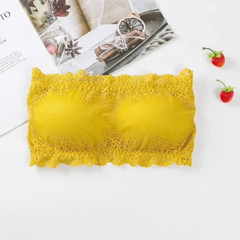 Women Floral Lace Tube Top Wireless Bra Sexy Lingerie Strapless Bralette Solid Color Crop Top Female Padded Bandeau Padded Bra