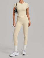 Women Tracksuit Yoga Sets Short Sleeve Slim Sports T Shirts Workout Clothes Outdoor Tight High Waist Pocket Pants Fitness Suits
