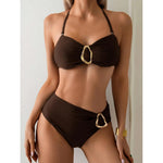 S - XL Metal Ring Halter Female Swimsuit High Waist Bikini Women Swimwear Two-Pieces Bikini Set Bather Bathing Suit Swim V6933