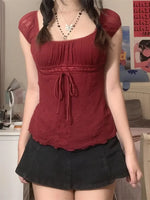 Women Summer Y2K Aesthetic Tops Lace Trim Cap Sleeve Low Cut Shirts Vintage Casual Sexy Tops and Blouses Female