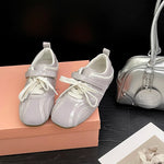 Women Ballet Style Flat Sneakers Dual Strap Decor Lace‑Up Soft Sole Lightweight Breathable Daily Casual Walking Fashion Shoes