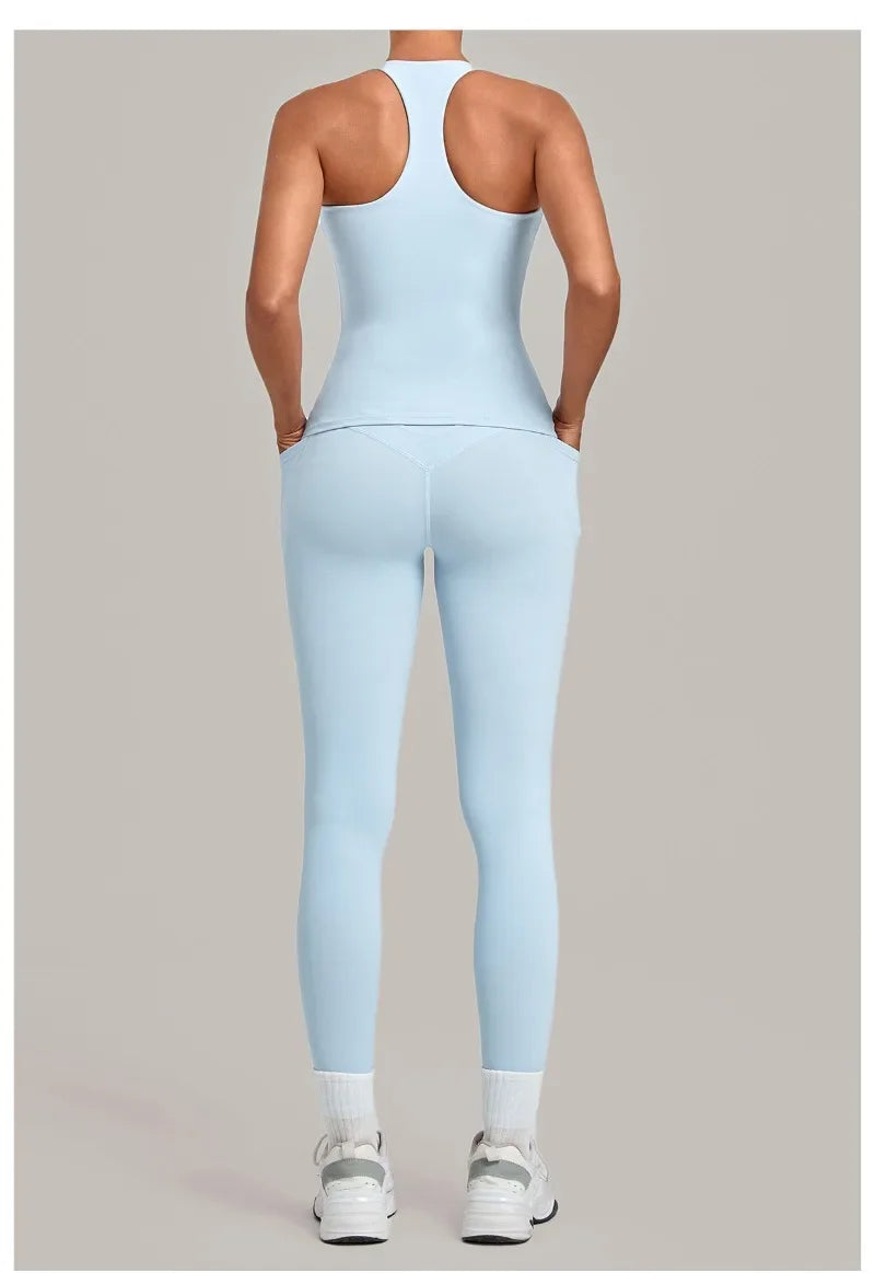 Women's Seamless Yoga Sets Sports Fitness Hip-lifting High Waist Pant Sleeveless Backless Suits Workout Running Leggings Sets