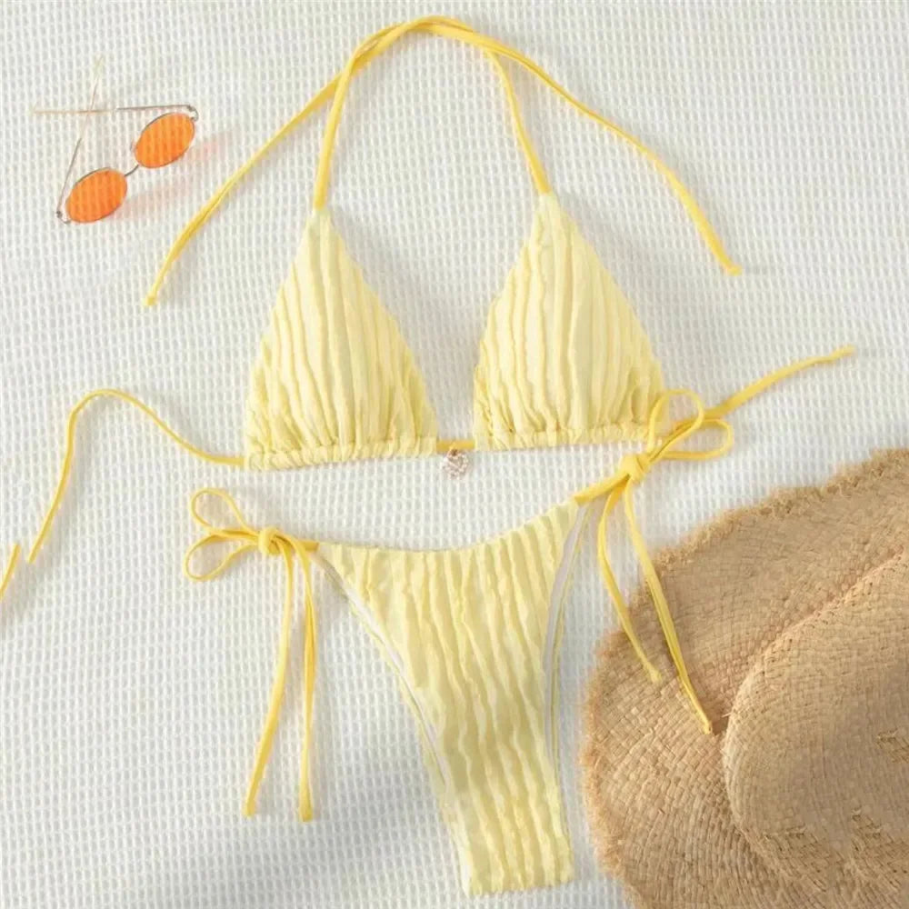Triangle Micro Bikini for Women Yellow String Halter Thong Sexy Swimsuit Heart Bead Swimwear Bathing Suit Mini Bikinis Sets 2026