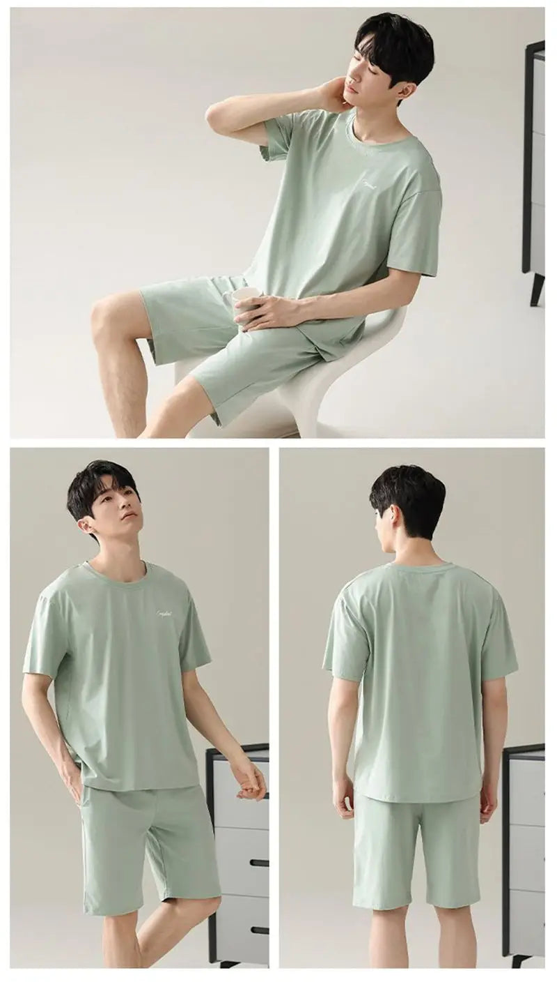 Men's Solid Pajama Plus Size Short Sleeve Round Neck Tee And Shorts Breathable Loose Fit Sleepwear Loungewear Summer Fashion Pjs