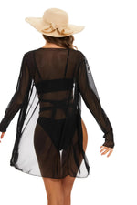 Women Bathing Suit 3 Piece Swimsuit Mesh Kimono High Waist Bikini Bandage Long Sleeve Beach Cover Up Swimwear Black Bikinis