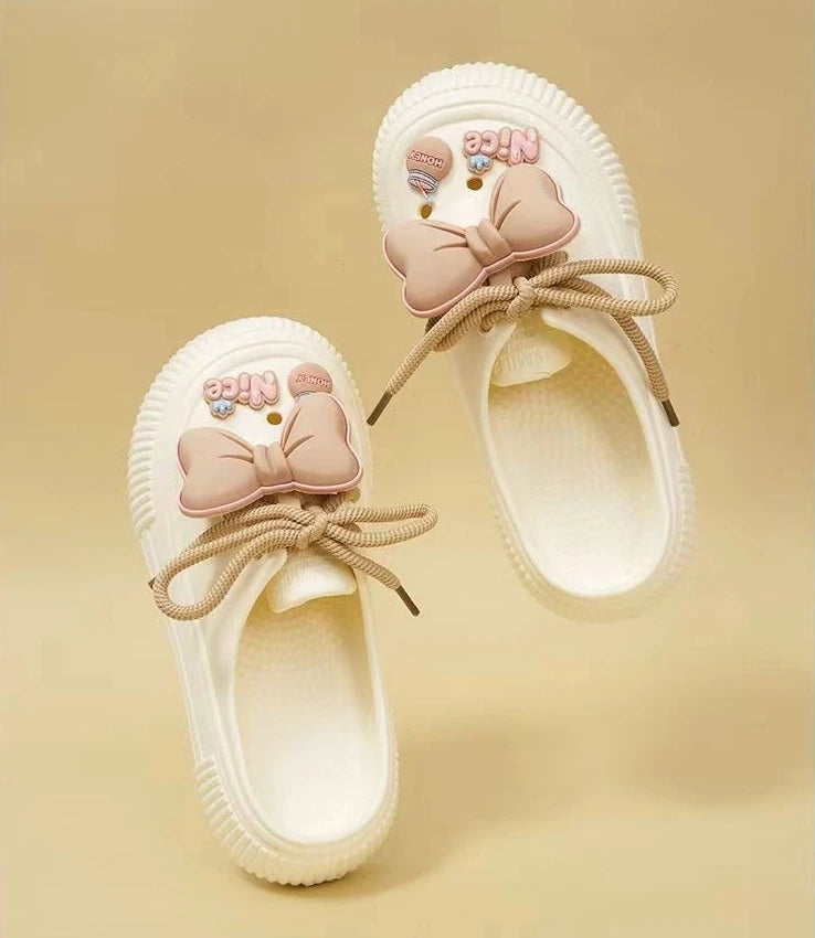 2025 New Slippers DIY Bow Platform Sandals for Women Summer Thick Sole Beach Slides Woman Flowers Non Slip Clogs Garden Shoes