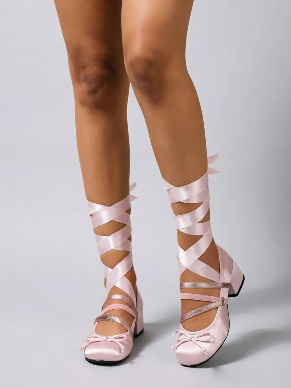 Pink Satin Ballet Style Heels Women Pumps Round Toe Ballerina Ribbon Wrap Leg Tie Up Chunky Block Mid Heel Cosplay Dress Shoes