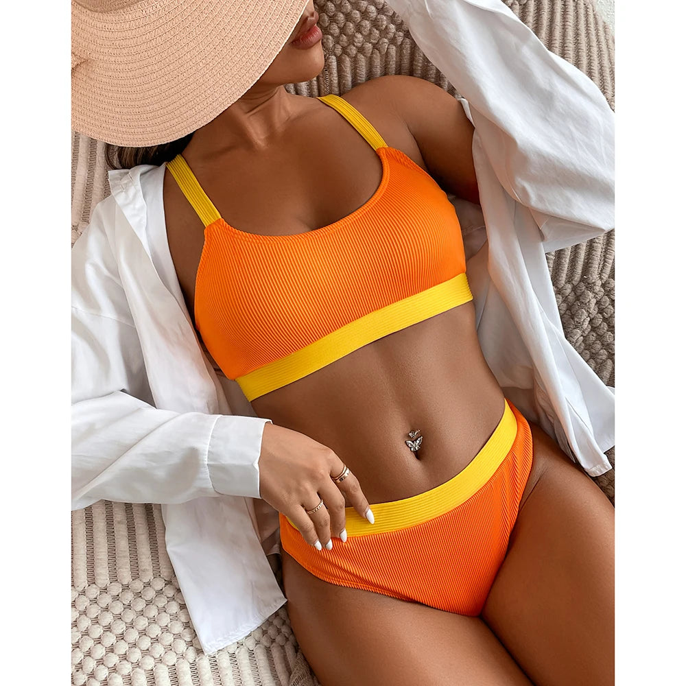 Orange High Waist Bikini 2022 Swimsuits Push Up Swimwear Women Splicing Biquini Beachwear Sexy Ribbed Bathing Suits Female New