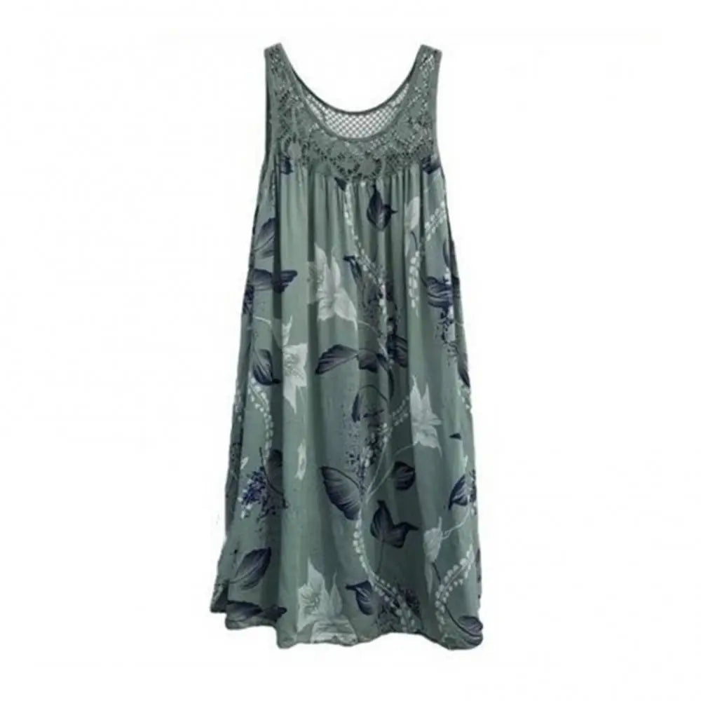 Mini Dress Floral Printed Lace Stitching O-Neck Sleeveless Women Summer Loose Tank Dress