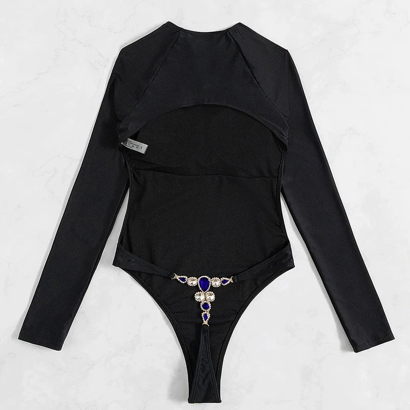 DEKA Sexy Long Sleeves One Piece Swimwear Diamond Swimsuit Women Triangle Backless Crystal Decor ThongBikinis Set Bathing Suit