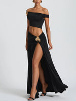 Summer Skirt Set Women Metal Flower Sexy Off Shoulder Slim Crop Top High Slit Skirt Sets Fashion Backless Pleated 2 Piece Suits