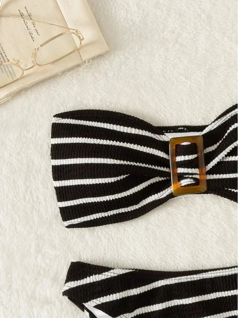 Blue Striped Bikini 2025 Brazilian Biquini Bandeau Two Pieces Swimsuit Women Thong Bathing Suit Swimwear Female Summer Beachwear