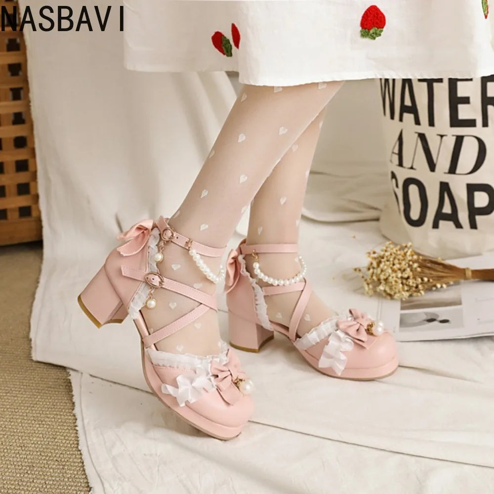 Women's Summer White Buckle Strap Sandals Pink Bowknot Pearls Cross Strap Shoes Black Ruffles High Heels Lady Lolita Party Shoes