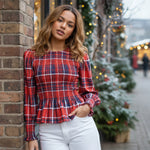 Women T-shirt Elegant Long Sleeve Crew Neck Pleated Ladies Vintage Plaid Print Tops Spring Fall Streetwear