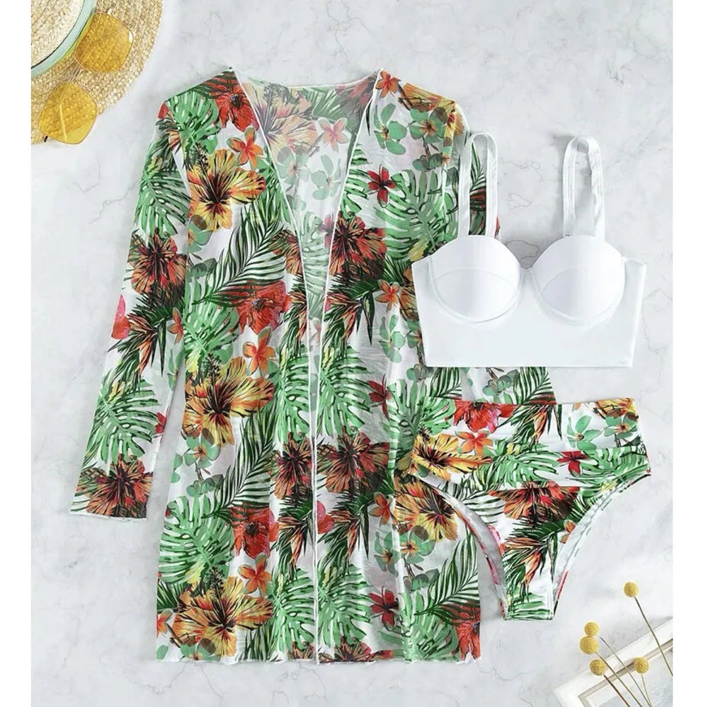 2025 Three Pieces Bikini Set Cover Up Swimwear Women Swimsuit Print Long Sleeve Push Up Bathing Suit Beachwear Swimming Biquini