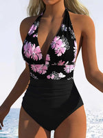 Vintage Black Plaid Patchwork Swimwear Women 2026 V Neck Pleate Tummy Control One Piece Swimsuit Beach Bathing Suit Monokini XXL