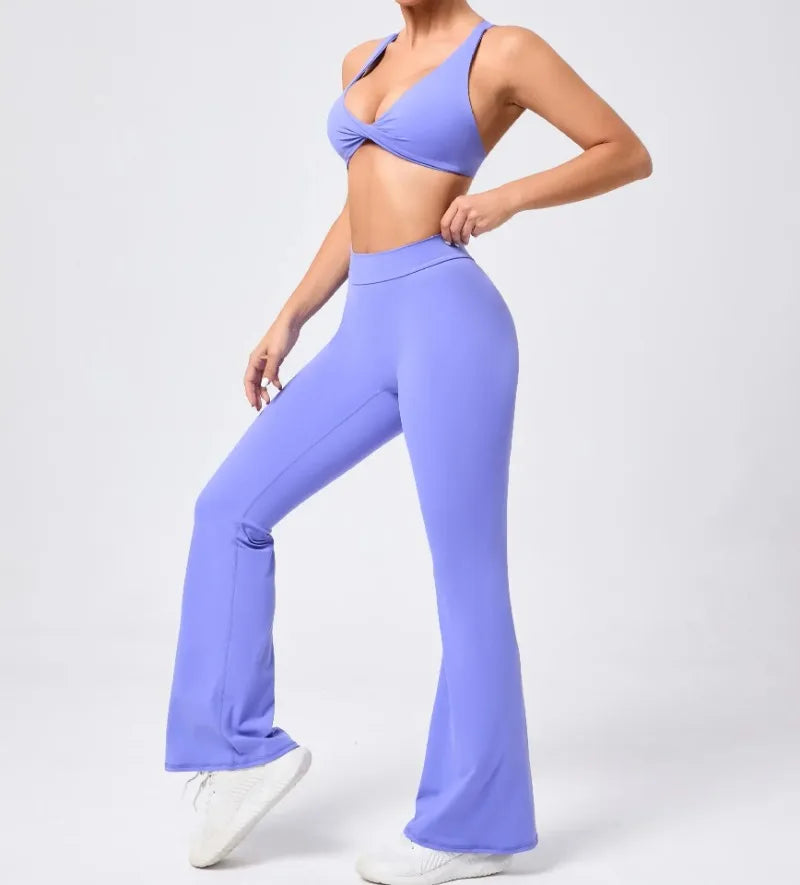 Women's Seamless Yoga Sets Brushed Fabric Flared Hip-Lifting Pants Cross Beauty Back Bra Suits Gym Workout Fitness Training Sets