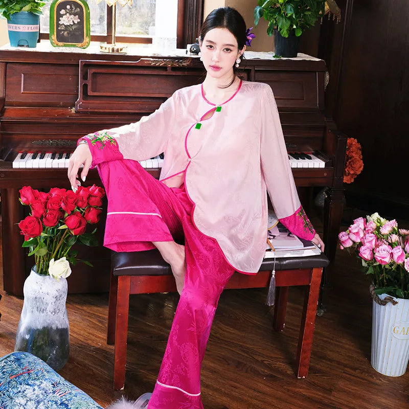 New Chinese style pajamas with breast pads, simulated silk, ice silk home wear, satin jacquard pajamas set