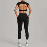 Yoga Set Women's Tracksuit Short Sleeve Back Hollow Out Sports Top Athletic Wear Tight High Waist Pocket Leggings Fitness Suits