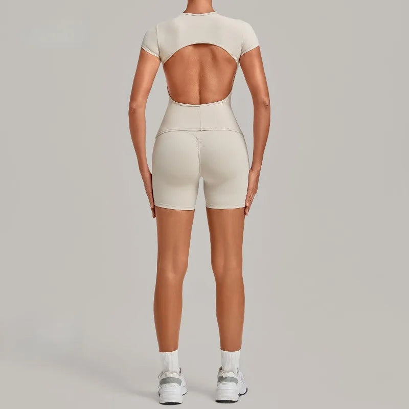 Women's Seamless Yoga Sets Sports Fitness High Waist Hip-lifting Shorts Backless Short-sleeve Vest Suit Workout Gym Leggings Set