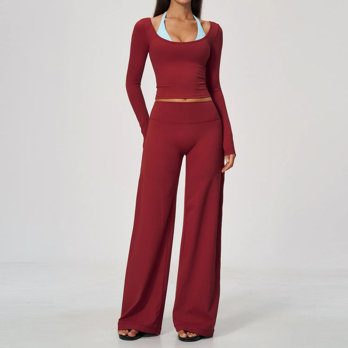 Women 2 Piece Yoga Set Gym Clothing Fitness Suit Workout Tracksuit Running Sportswear Outfits Layered Long Sleeve Wide Leg Pants