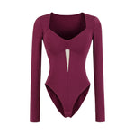 Pure Desire Sexy Padded Solid Color Slim Hollow Long Sleeve Bodysuits Base Shirt For Woman Casual Fashion Style Bodysuits MO2T