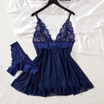 Blue Elegant Pajama Underwear Sets Transparent Lace Patchwork Bra And Panty Set Women Romantic Sleepwear Babydoll Dress Briefs