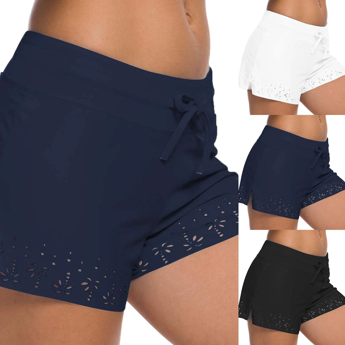 Women Swimming Shorts Solid High Waist Elastic Swim Bottom Flower Hollow Out Swim Trunk Loose Fit Swimming Workout Gym Bottom