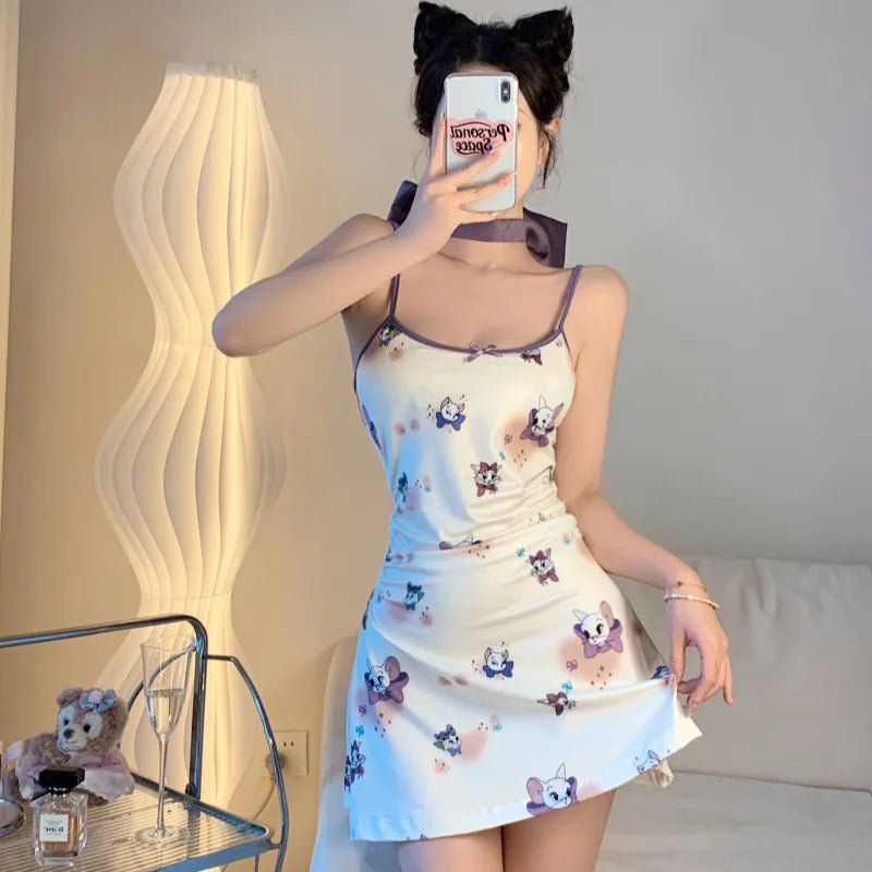 Autumn and Winter Sexy Sleeping Skirt Strap Pure Desire Wind V-neck Floral Pajama Set Bag Hip Skirt Y2K New Hot Sale