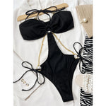 Sexy Ribbed Halter Metal Chains One Piece Swimsuit Women Swimwear Female Monokini High Leg Cut Bather Bathing Suit Swim V4572
