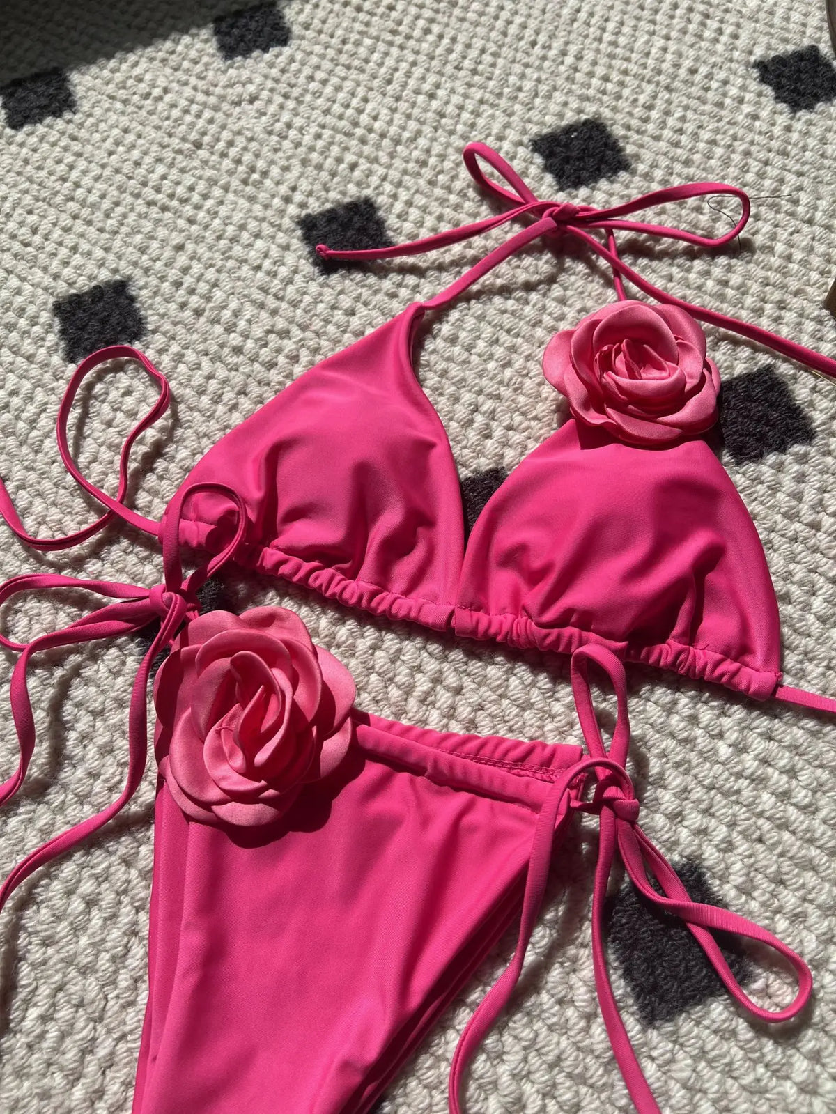 DEKA Brazilian Thong 3D Flowers Bikini Set Women Swimwear Bandeau High Cut Female Swimsuit Bather Bathing Suit