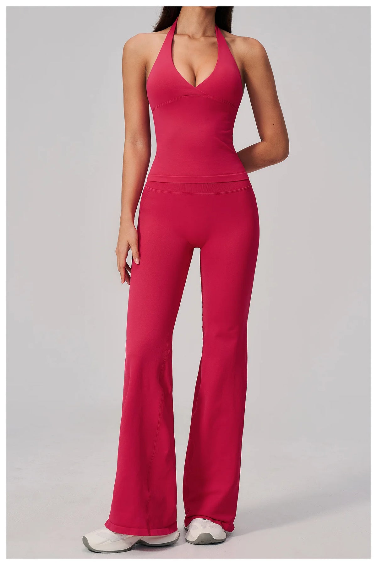 V-neck Yoga Sets Women Seamless Slimming Sports Tank Top High Waist Wide Leg Pants Fitness Suit Outwear Gym Running Tracksuit
