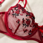 Red Unlined Transparent Embroidery Floral Sleepwear Lace Costumes Ladies Babydoll Bra And Briefs Set No-pad For Dating Gift