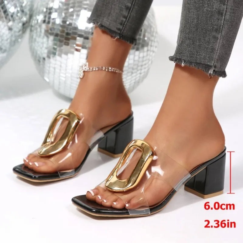 Novelty Strange Clear Heel Slippers Women Metal Decoration High Heel Slide Sandals Summer Transparent