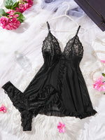 Sexy Lace Lingerie Set for Women, Red Hot Sleepwear Nightdress with Matching Panties, V-Neck Sheer Lace Camisole, Romantic Night