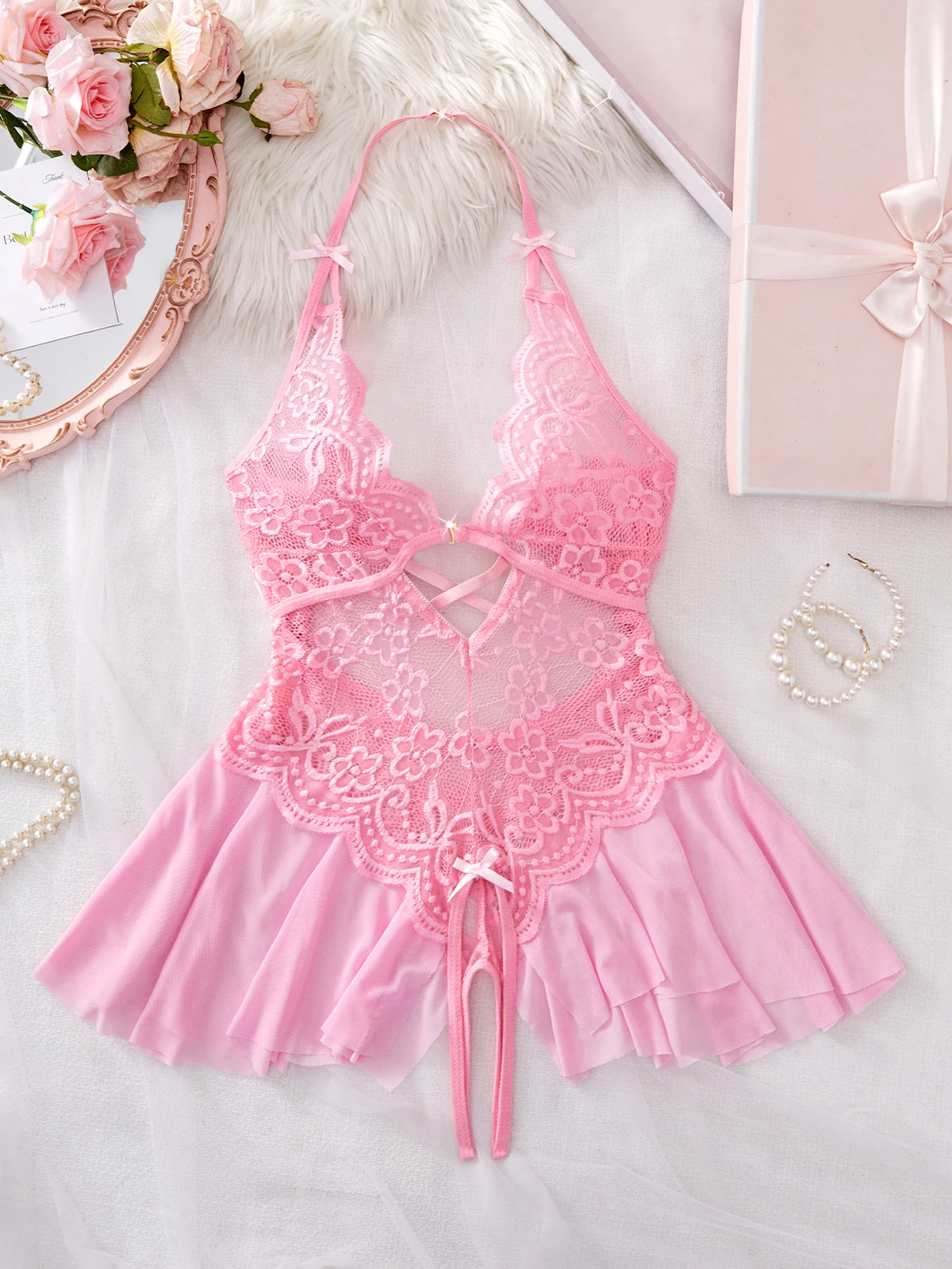 Bodycon Teddy Dress Crotchless Sheer Underwear Set Lace See Through Halter Deep V Sexy Lingerie Sultry Nightwear For Date Night
