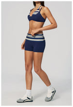Breathable Striped Patchwork Yoga Clothing Women Fake Two-piece Sports Bra Folding High Waist Shorts Gym Running Fitness Suit