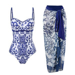 2 Pieces Retro Printed Swimsuit With Cover Up Sexy Women Swimwear 2025 V Neck Bikinis Female Biquini 3XL Bodysuit Beachwear