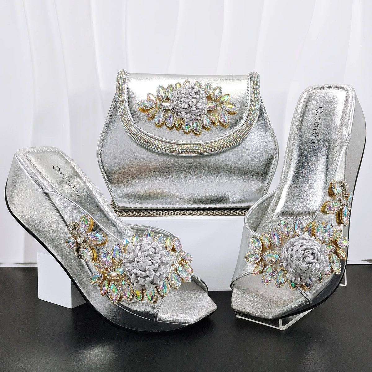 doershow High Quality African Style Ladies Shoes And Bags Set Latest silver Italian Shoes And Bag Set For Party HO1-1