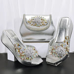 doershow High Quality African Style Ladies Shoes And Bags Set Latest silver Italian Shoes And Bag Set For Party HO1-1