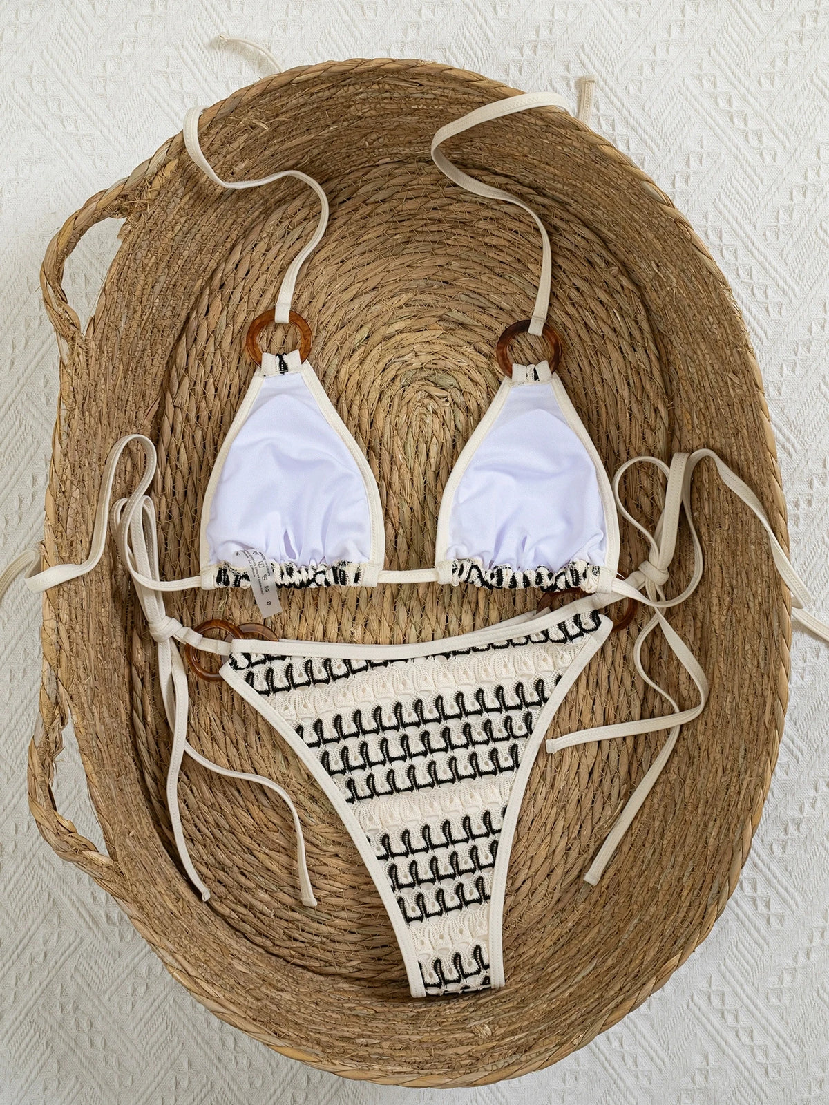 DEKA Beige Knitted Striped Bikini Set 2026 Triangle Swimwear Women Circle Strap Push Up Bra Bandage Thong Swimsuit Bathing Suit