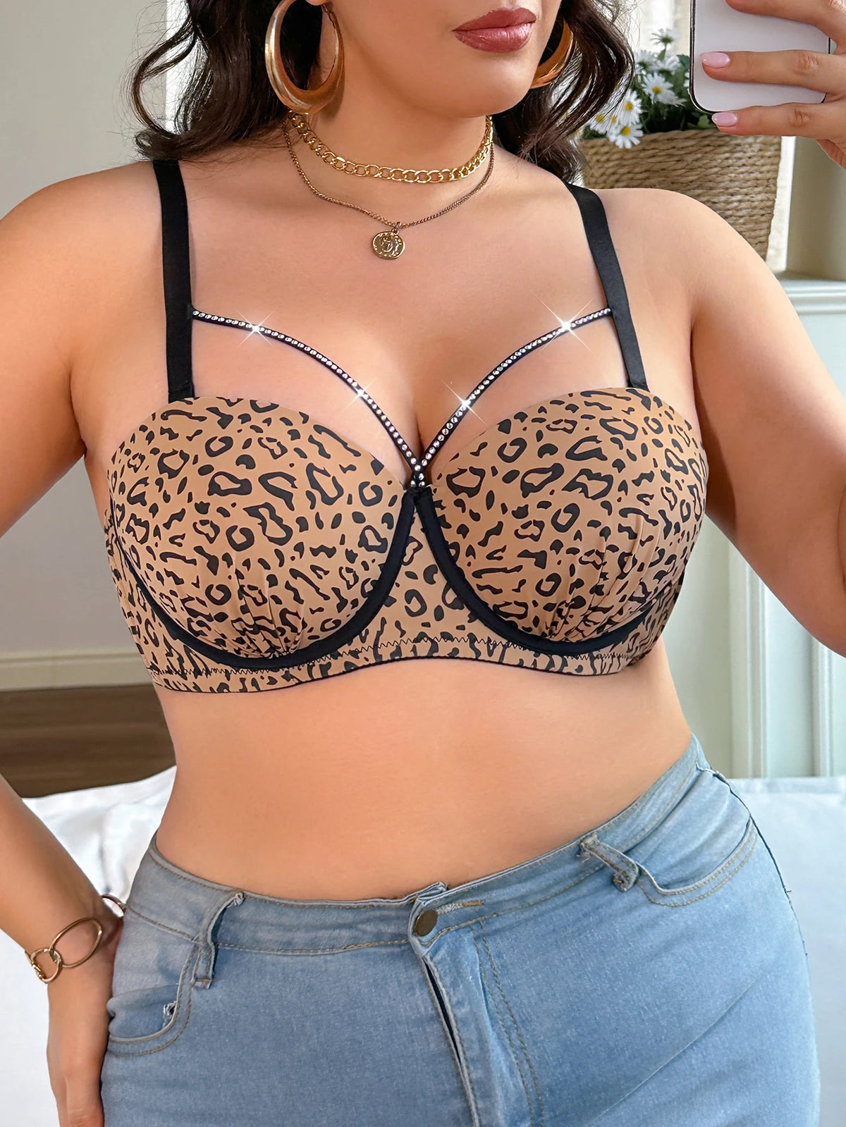 Plus Size Leopard Women Bra Wide Straps Thin Cup Push Up Bra Lifting Support Straps Comfortable Lingerie
