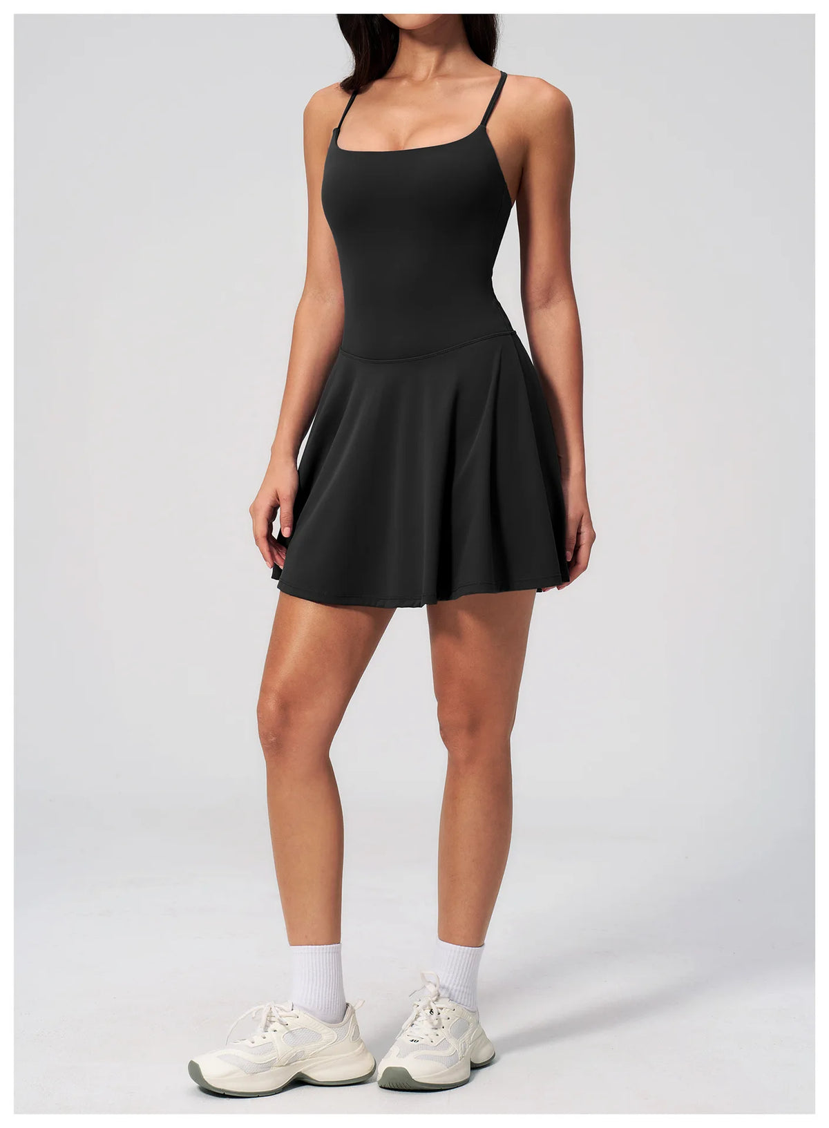 Women Tennis Dress with Shorts Pocket Square Neck Hollow Back Sleeveless One Piece Sports Outfit Fitness Pleate Mini Dresses