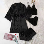 4PCS Women's Long Pajamas Set White Lace Satin Silk Night Lingerie Tops And Shorts Casual Sleepwear Loose Wedding Home Gown