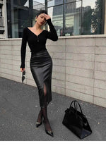 Sexy One Step Split PU Leather Half Skirt For Women's New High Waisted Slim Streetwear Black PU Fashion Womne Mini DressYTM8