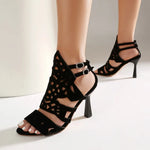 2026 Summer New Women's Black High Heels Made of Suede Leather with Exposed Toes and Thin Heels Suitable for Date Wearing