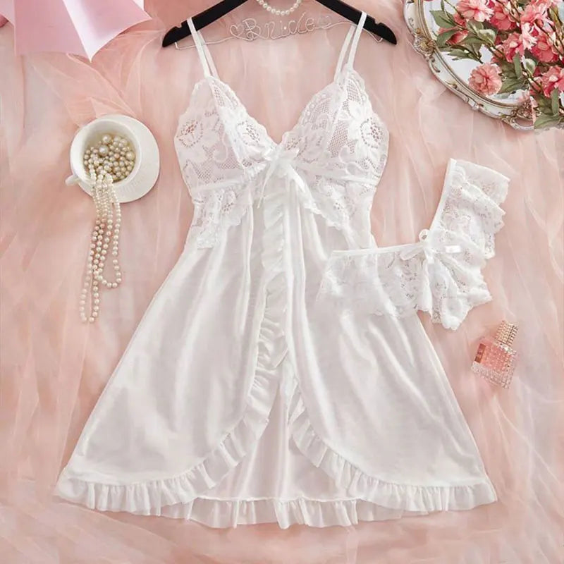 Summer Plus Size Thong Set 2-Piece Women's Underwear With Nightgown And Panties XXL Soft Ultra-Thin Sexy Lingerie Night Pants